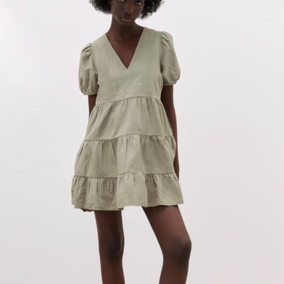 Zara Tiered Linen Blend Babydoll Dress V Neck Ruffled Hem Balloon Sleeve Size L - Picture 2 of 14